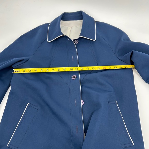 Classic Navy Blue Gray Trim Button Front Women's Trench Coat Jacket Made in USA - Picture 13 of 15